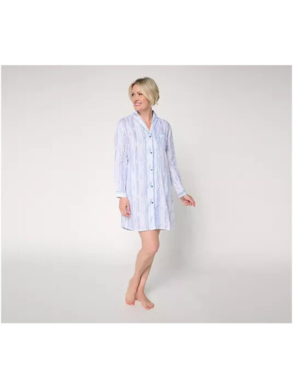MUK LUKS Dreamweave Shawl Collar Button Up Sleepshirt Coastal Stripe, Size 1X